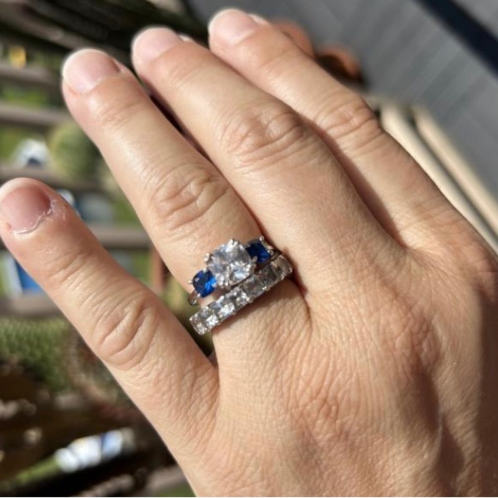 Italo Three Stone Cushion Cut Blue Topaz Engagement Ring - Picture 5 of 7